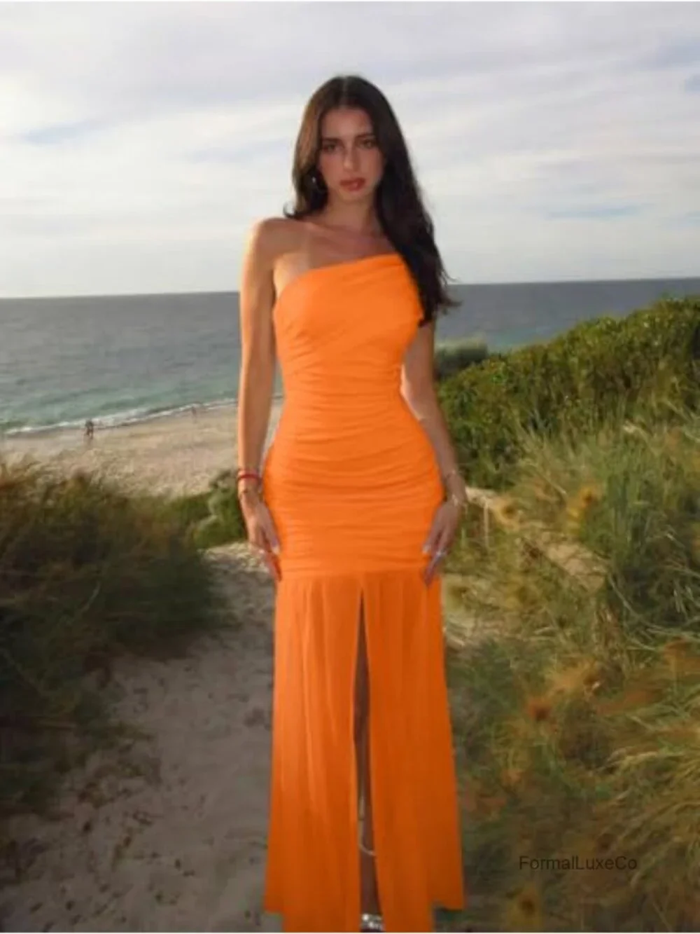 Womens Formal One Shoulder Sleeveless Long Maxi Dress Mesh Slim Fit